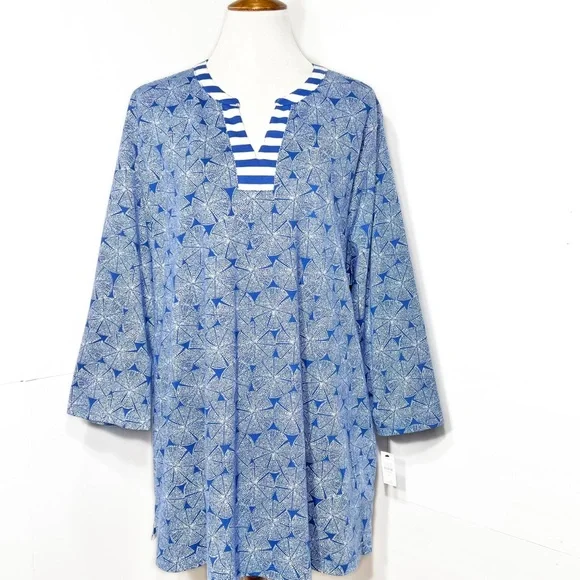 SOLD-NWT Talbots Geometric Striped Blue White V Neck 3/4 Sleeve Pullover Tee - Picture 6 of 9